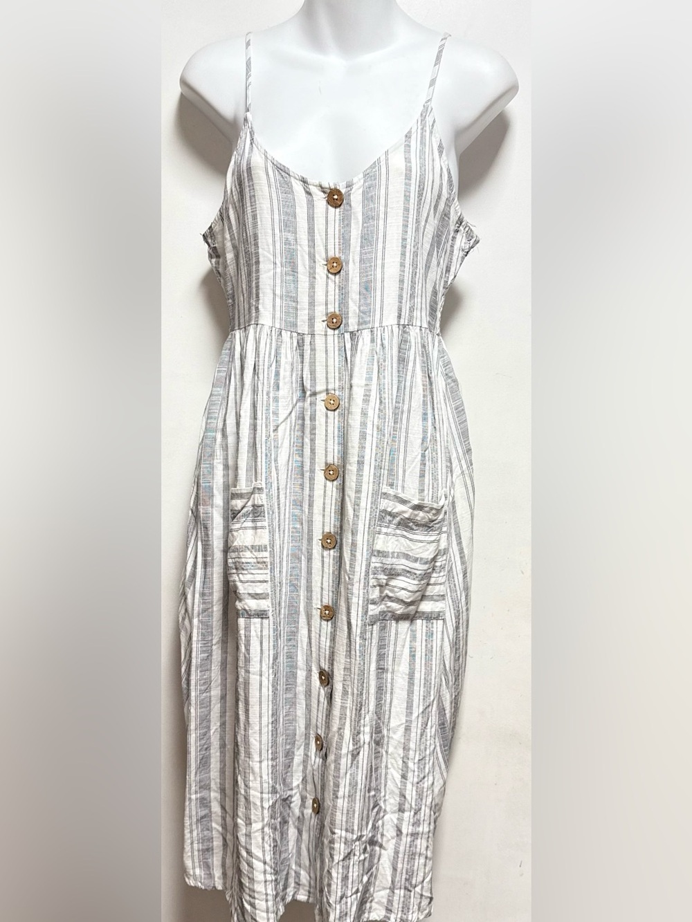 Roxy White and Light Gray Striped Button-Front Sundress